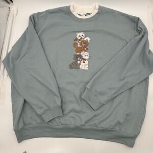 Morning Sun Womens 2XL Blue Embroidered Kitten Cat Stack‎ Sweatshirt 90s Style